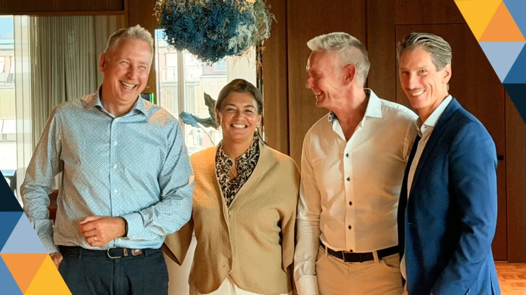 Viptech har förvärvats av och ingår nu i Kinra Group. På bilden ses fr.v. Victor Strömberg, Sara Murby Forste, Peter Berglund och Martin Fageus.